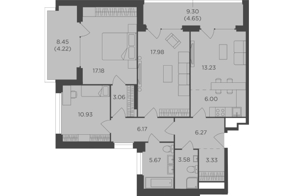 4-комнатная квартира, этаж 19/21, 102,27 кв.м. «RiverSky» 