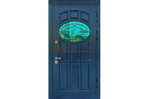 Синяя входная дверь со стеклом и ковкой ДСК-143