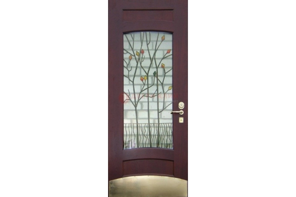 Бордовая стальная дверь с массивом дерева и витражом ВЖ-3