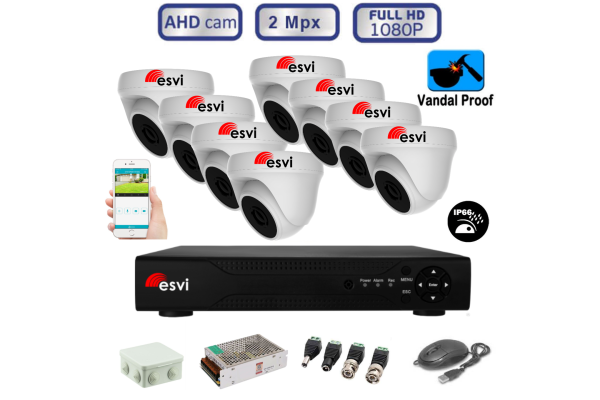Комплект видеонаблюдения - 8 антивандальных всепогодных FullHD 1080P камер AHD 2Mpx  