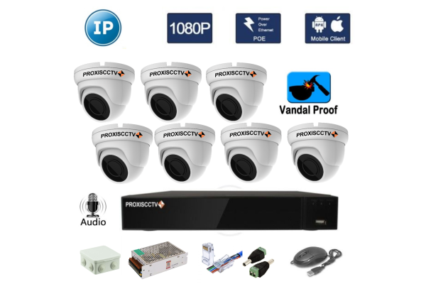 Комплект для видеонаблюдения -  7 антивандальных всепогодных FullHD 1080P IP камер 2Mpx 