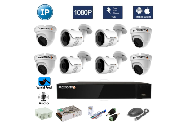 Комплект для видеонаблюдения -  4 цилиндрических и 4 купольных антивандальных IP камер FullHD 1080P/2Mpx 