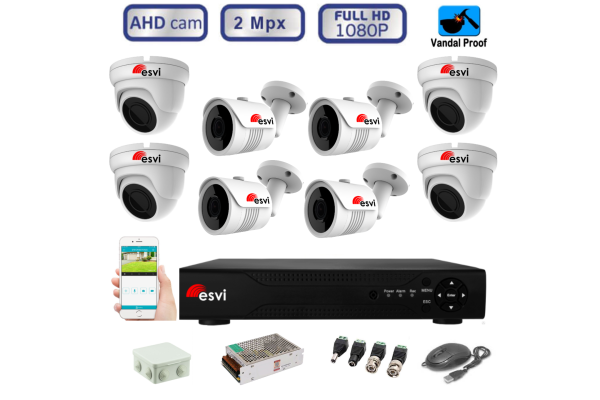 Комплект видеонаблюдения из 4 цилиндрических и 4 купольных антивандальных камер FullHD 1080P/2Mpx  