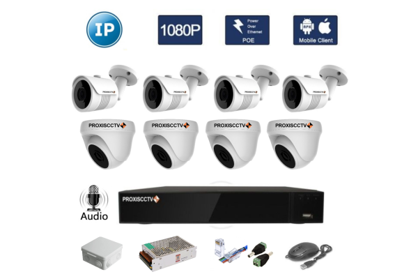 Комплект для видеонаблюдения -  4 цилиндрических и 4 купольных IP камер FullHD 1080P/2Mpx 