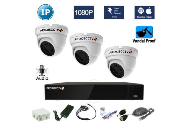 Комплект видеонаблюдения на 3 антивандальные всепогодные IP камеры 2Mpx (FullHD/1080P)
