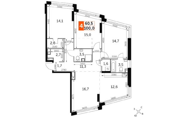 4-комнатная квартира, этаж 13, 100 кв.м. «ЖК Роттердам (Rotterdam)»
