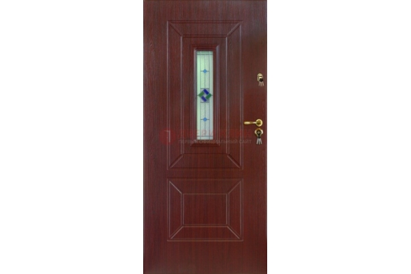 Бордовая железная дверь с массивом дуба и витражом ВЖ-3