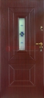 Бордовая железная дверь с массивом дуба и витражом ВЖ-3