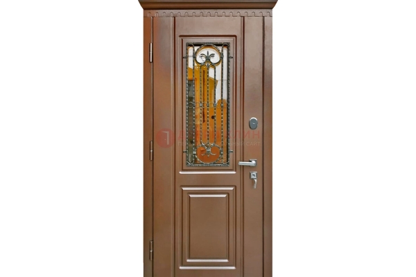 Входная дверь с терморазрывом со стеклом и ковкой для коттеджа ДСК-137