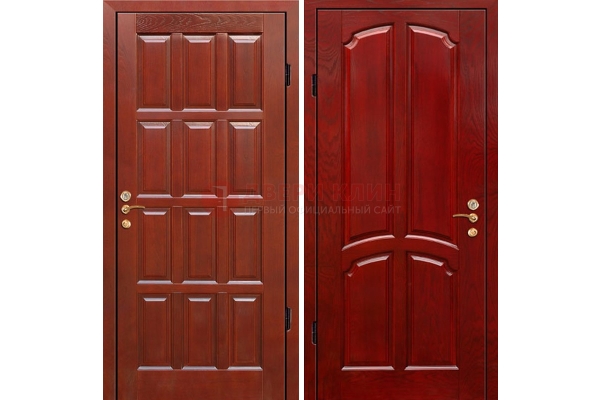 Красная металлическая дверь с массивом дуба ДМД-15