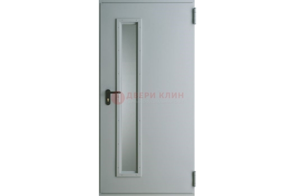 Белая металлическая техническая дверь с декоративной вставкой из стекла ДТ-9