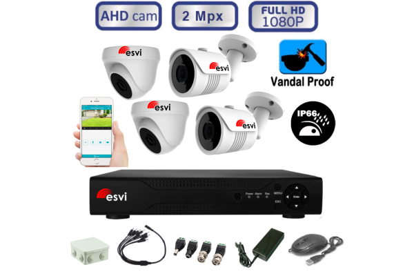 Комплект видеонаблюдения (2 уличных и 2 купольных антивандальных камеры FullHD 1080P/2 Мегапикс)   