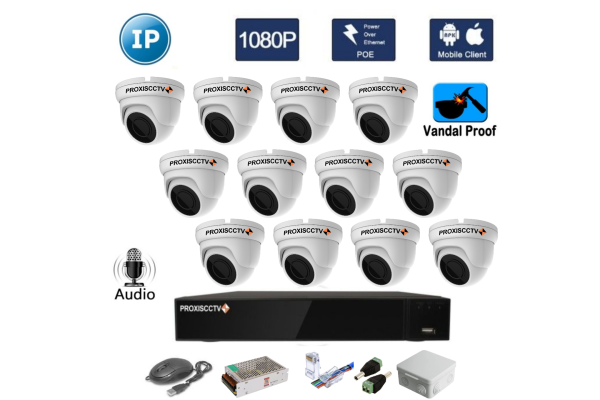 Комплект IP видеонаблюдения - 12 антивандальных всепогодных айпи камеры 2Mpx (FullHD/1080P)