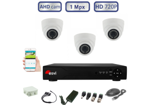 Комплект видеонаблюдения - 3 купольные AHD камеры 720P/1Mpx(light) с монтажным комплектом 
 