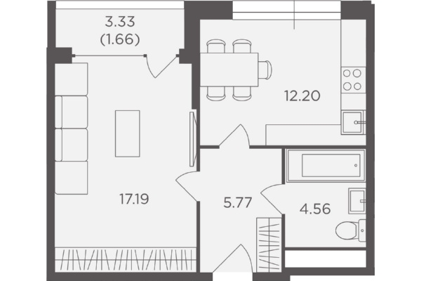 1-комнатная квартира, этаж 6/9, 41,38 кв.м. «RiverSky» 